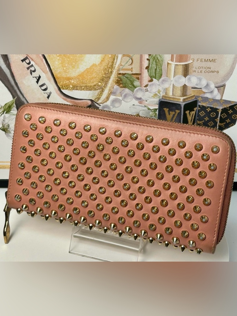 Christian Louboutin panettone Pink Studded Leather Zip Clutch w Gold Spikes EUC